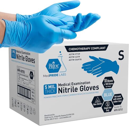 MED PRIDE Blue Nitrile Gloves Small | Box of 100 Gloves | 5 Mil | Powder-Free, Latex-Free, Exam Grade | Medical, Lab, Food Service, Tattoo, Cleaning, Dental, Chemotherapy Compliant in Saudi Arabia