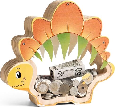 Wooden Dinosaur Piggy Bank for Kids, Unbreakable Kids Money Box with Letter Stickers, Cute Wooden Cashbox Money Bank, Piggy Money Jar Personalized Birthday Gift, Educational for Boys Girls, Large in Kuwait