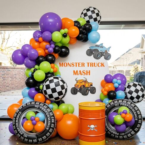 Truck Theme Balloon Garland Arch Kit vibrant Green Black with Big Wheels checkered star mylar foil balloons For Kids fast one Boy Birthday Race Car construction theme Party Decorations (Purple orange) in Kuwait