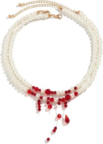 Halloween Dripping Blood Pearl Necklace for Women,Adjustable Layered Bleeding Blood Pearls Choker Necklaces Gothic Vampire Necklaces Punk Halloween Costume Jewelry in Saudi Arabia