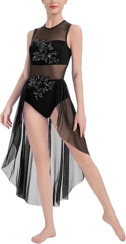 ODASDO المرأة فستان رقص غنائي الحديثة المعاصرة Dancewear زهرة زين غير المتماثلة شبكة تول فساتين Flowy XS-XL in Saudi Arabia