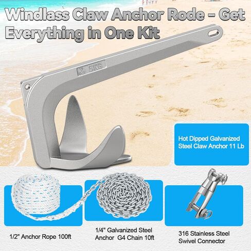 طقم مرساة القارب من الصلب المجلفن بروس ستايل مخلب مرساة، HT G4 سلسلة بحرية قصيرة الارتباط، حبل نايلون 3 حبلا، موصل دوار لصيد القوارب، الإبحار 18 20 21 22 23 24 25 26 27 28 32 35FT قوارب in Kuwait