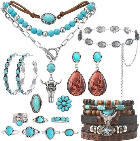 Western Jewelry Set 9Pcs - Boho Turquoise Dangle Earrings Necklace Faux Leather Cuff Bracelet Ring with Concho Belt for Women, Cowgirl Accessories in Kuwait