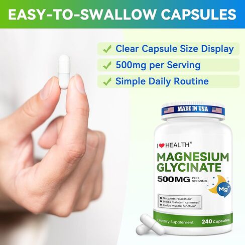 جليسينات المغنيسيوم 500 ملغ لكل كبسولة - 240 كبسولة - مكمل مغنيسيوم عالي الامتصاص للاسترخاء والهدوء ودعم العضلات - لطيف على المعدة - صنع في الولايات المتحدة الأمريكية in Kuwait
