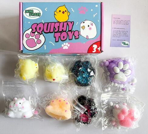 Cute Squishy Pack,Fufu Squishy Fidget Toys Kit,Include Squishies(2 Chick, 4 Cat Paws, 2 Hamster),Stress Relief Toy,Squeeze Toys,Party Favors,Birthday Gift for Girls, Boys, Kids in Kuwait