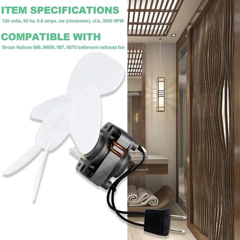 S1200A000 محرك كهربائي لمروحة تنفيس الحمام من Beaquicy - متوافق مع NuTone 686، M686، 687،870 - يستبدل SAP5957893 1200A000، 15591000، 22651000، إلخ - مستوى الضوضاء 50 ديسيبل، 3000 دورة في الدقيقة 120 فولت in Kuwait