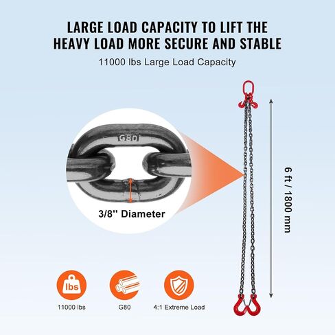 Happybuy Chain Sling, 3/8 inch x 6 ft, G80 Lifting Chains with Hooks, 11000 lbs/5 Ton Capacity, for Engine Hoist, with 2 Leg Grab Hooks and Adjusters in Saudi Arabia