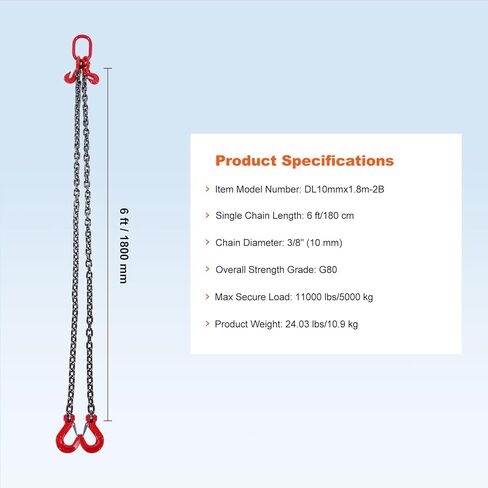 Happybuy Chain Sling, 3/8 inch x 6 ft, G80 Lifting Chains with Hooks, 11000 lbs/5 Ton Capacity, for Engine Hoist, with 2 Leg Grab Hooks and Adjusters in Saudi Arabia