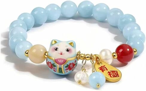 Lucky Cat Bracelet with Blue Crystal – Feng Shui Good Luck Jewelry for Women, Ceramic Cat Pendant for Wealth, Protection & Positive Energy, Meaningful Gift Bracelet in Saudi Arabia