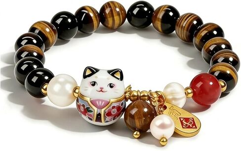 Lucky Cat Bracelet with Blue Crystal – Feng Shui Good Luck Jewelry for Women, Ceramic Cat Pendant for Wealth, Protection & Positive Energy, Meaningful Gift Bracelet in Saudi Arabia