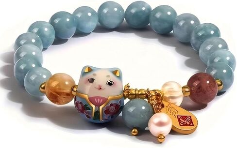 Lucky Cat Bracelet with Blue Crystal – Feng Shui Good Luck Jewelry for Women, Ceramic Cat Pendant for Wealth, Protection & Positive Energy, Meaningful Gift Bracelet in Saudi Arabia
