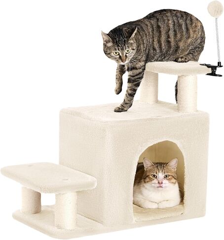 Happi n Pet Pet Dog Stairs with Cat Screading Post و Barge Condo ، خطوات حيوانات أليفة مستقرة لأريكة الأسرّة العالية ، 3 مجموعات برج شجرة القطط للقطط أو الكلاب الصغيرة ، وسادة قابلة للإزالة ولعب المكافآت ، البيج. in Kuwait