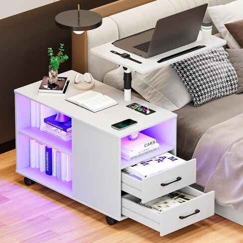 Gurexl 360 ° LED منضدة مع محطة الشحن اللاسلكية ، طاولة سرير قابلة للتعديل مع صينية الكمبيوتر المحمول ، موقف ليلة مستشعر السيارات لغرفة النوم (أسود) in Kuwait