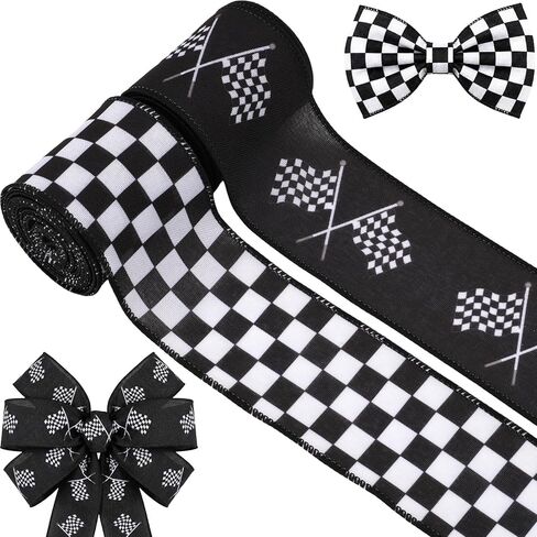 YKW 2 Rolls Racing Checkered Flag Ribbon - 2.55 Inch x 5 Yards Each, Black White Wired Edge Ribbon for Race Car Party Decoration, Motorsport Gifts Wrapping, Racing Wreath (Racing-Golden Pole) in Saudi Arabia