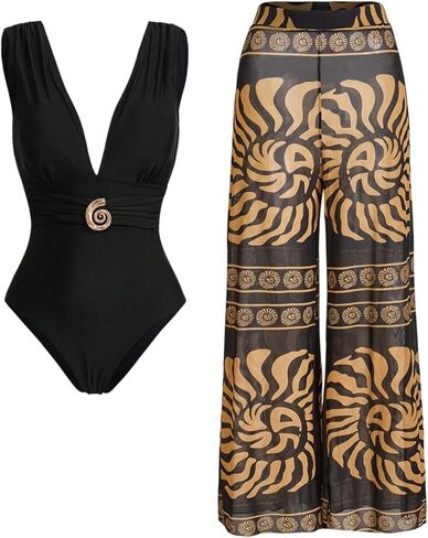 بدلة سباحة نسائية من Milumia قطعة واحدة برقبة عميقة على شكل حرف V مع غطاء بنطال شاطئ مطبوع in Kuwait