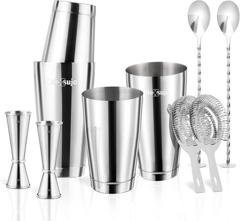Boston Cocktail Shaker Set, 4-Piece Bar Tools Set, Professional Bar Set with Boston Shaker, Bar Spoon, Jigger, Hawthorne Strainer, Stainless Steel, Dishwasher Safe, Ideal Bartender Kit for Bar in Saudi Arabia
