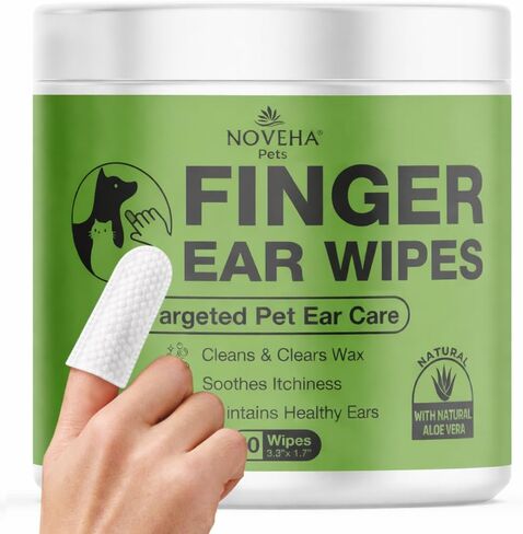 NOVEHA Dog Ear Wipes Finger Glove Fit | Easy Ear Cleaning for Dogs & Puppies, Cats & Kittens | Gentle Pet Ear Cleaner Finger Wipes for Puppy, Kitten & More | Cat & Dog Ear Wash | Pet Supplies | 50ct in Kuwait