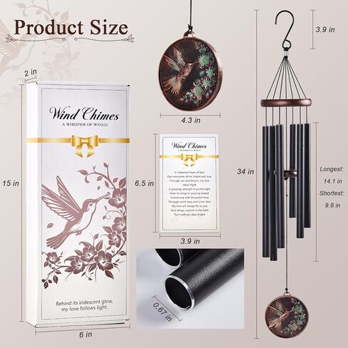Sympathy Wind Chimes for Outside 34" Vintage Hummingbird Memorial Wind Chimes Outdoor for Garden Patio Porch Decoration Birthday Memorial Sympathy Gift for Loved One Mom Dad Grandpa Grandma Friends in Saudi Arabia