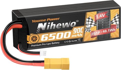 2S Lipo Battery 6500mAh 7.4V RC Battery 90C Hard Case with Tr + EC5 Plug Compatible with RC Car Truck Vehicles Truggy Buggy Boat Airplane Models in Kuwait