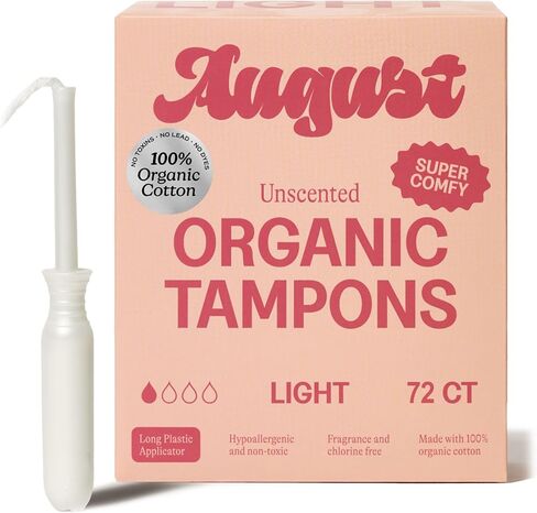 August Light Tampons - 72-Pack 100% Organic Cotton Tampons for Women and Anyone Who Menstruates, Non-Toxic, Fragrance-Free, and Hypoallergenic with Long Applicators (3 Boxes of 24) in Kuwait