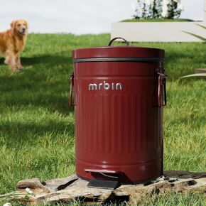 سلة مهملات فضلات الكلاب من MRBIN مع غطاء، سلة نفايات مستديرة للحيوانات الأليفة في الهواء الطلق سعة 9 لتر/2.4 جالون مع دواسة، سطل قمامة بدون لمس للفناء الخارجي، الفناء، المرآب، تصميم مخطط روماني أحمر in Kuwait