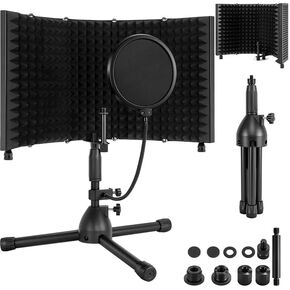درع عزل ميكروفون سطح المكتب مع حامل ثلاثي القوائم ولوحة منحنية، درع صوت ميكروفون قابل للطي، عاكس إسفنجي ممتص للصوت لميكروفون الاستوديو لتسجيل الاستوديو in Kuwait