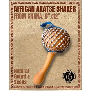 Africa Heartwood Project Axatse African Shaker - 6" X 12" Handmade Shekere Maraca with Durable Gourd Body, Natural Seed Beads, and Handle - Authentic Shakers Musical Instruments, Handcrafted in Ghana in Saudi Arabia