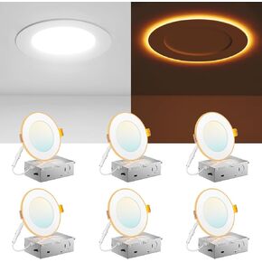 Amico 6 Pack 6 Inch 5CCT LED Recessed Ceiling Light with Night Light, 2700K/3000K/3500K/4000K/5000K Selectable Ultra-Thin Recessed Lighting, 12W=110W, 1100LM, Dimmable Canless Wafer Downlight ETL&FCC in Kuwait