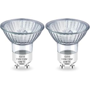 gu10 لمبة هالوجين 120 فولت 50 وات لمبات إضاءة هالوجين، gu10+c 110-130 فولت 50 وات MR16 مع غطاء زجاجي، 2700 كيلو أبيض دافئ، عكس الضوء لمصباح الشمع الدافئ لمصباح تذويب الشمع، عمر طويل الأمد، عبوتان in Kuwait