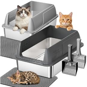 Gimars 16" High Walls Dual Top & Front Entry Stainless Steel Cat Litter Box with Lid — XL 3-in-1 (Enclosed/Semi-Enclosed/Open), Leak-Proof, Odor Control, Dog-Proof — for Multi-Cat, Kittens & Seniors in Kuwait