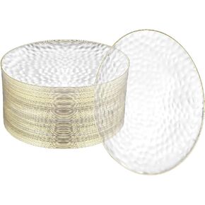 عبوة من 100 طبق من البلاستيك الشفاف من R-kay - أطباق حلويات بلاستيكية ذهبية مطروقة بحواف ذهبية متينة ومتينة وشديدة التحمل - مثالية للمقبلات والحلويات. in Kuwait