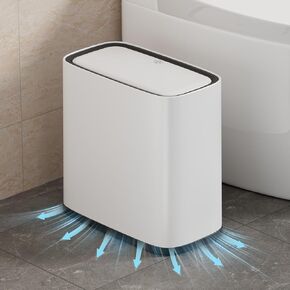 سلة مهملات الحمام، سلة قمامة صغيرة نحيفة سعة 2.1 جالون مع غطاء وعجلات، موسع كيس ضغط الهواء ودلو داخلي، سلة نفايات بلاستيكية بيضاء مقاومة للكلاب للمطبخ والمكتب وغرفة النوم وصندوق قمامة القمامة in Kuwait