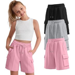 3 Pack Girls' Bermuda Cargo Shorts with 4 Pockets Knee Length Drawstring Wide Leg Casual Sweat Shorts for Ages 5-14 in Saudi Arabia