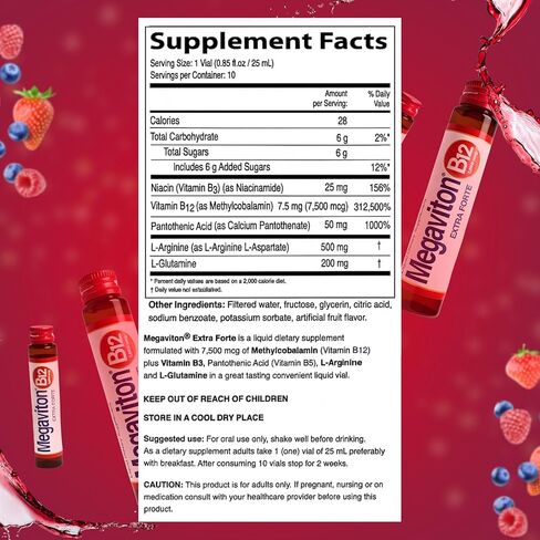 B12 Extra Forte 7500 mcg Liquid | 10 Drinkable Vials 8.50 fl oz | Methylcobalamin + L-Glutamine & L-Arginine | Energy, Focus, Immune & Nervous System Support in Saudi Arabia