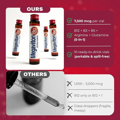 B12 Extra Forte 7500 mcg Liquid | 10 Drinkable Vials 8.50 fl oz | Methylcobalamin + L-Glutamine & L-Arginine | Energy, Focus, Immune & Nervous System Support in Saudi Arabia