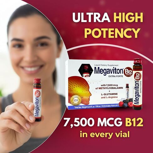 B12 Extra Forte 7500 mcg Liquid | 10 Drinkable Vials 8.50 fl oz | Methylcobalamin + L-Glutamine & L-Arginine | Energy, Focus, Immune & Nervous System Support in Saudi Arabia