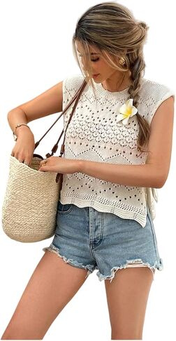 WDIRARA Women's Crochet Sweater Vest Tie Side Crew Neck Sleeveless Knit Tank Top in Saudi Arabia