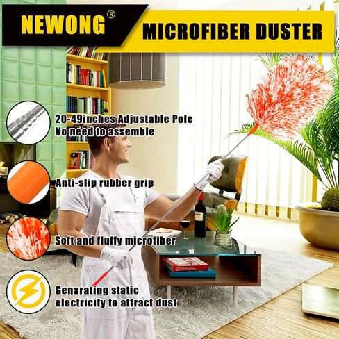 Extendable 20-49inches Microfiber Feather Duster with 3pcs Replaceable Bendable Heads, Extra Long Duster for Cleaning, Electrostatic Dust Remove for Ceiling, Fan, Window, Bookshelves(Orange) in Saudi Arabia