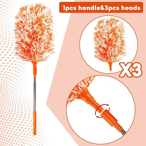 Extendable 20-49inches Microfiber Feather Duster with 3pcs Replaceable Bendable Heads, Extra Long Duster for Cleaning, Electrostatic Dust Remove for Ceiling, Fan, Window, Bookshelves(Orange) in Saudi Arabia
