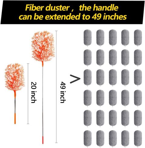 Extendable 20-49inches Microfiber Feather Duster with 3pcs Replaceable Bendable Heads, Extra Long Duster for Cleaning, Electrostatic Dust Remove for Ceiling, Fan, Window, Bookshelves(Orange) in Saudi Arabia