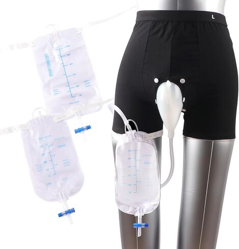 قسطرة خارجية للرجال، جهاز تجميع البول للرجال يمكن ارتداؤه مع حقيبة تصريف سعة 1000 مل وأكياس للساق 2 × 500 مل، نظام جمع البول للرجال، محلول سلس البول للرجال قابل لإعادة الاستخدام للاستخدام أثناء الوقوف (XL) in Kuwait
