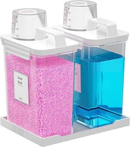 61OZ Laundry Detergent Dispenser Container, 2 Pack Liquid Laundry Dispenser, Plastic Detergent Dispensers for Laundry Powder/Fabric Softener with Tray 6 Labels, Clear in Saudi Arabia
