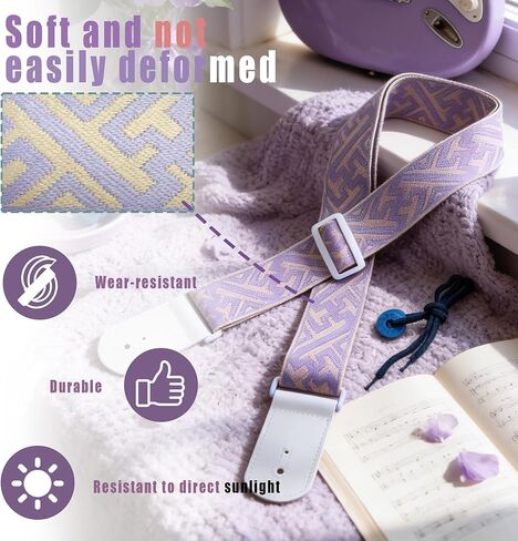 Guitar Strap, dopamine purple youth modern fashion Cotton Guitar Strap with leather at both ends for bass, electric and acoustic guitars, comes with two strap anti-slip pads in Saudi Arabia