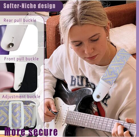 Guitar Strap, dopamine purple youth modern fashion Cotton Guitar Strap with leather at both ends for bass, electric and acoustic guitars, comes with two strap anti-slip pads in Saudi Arabia