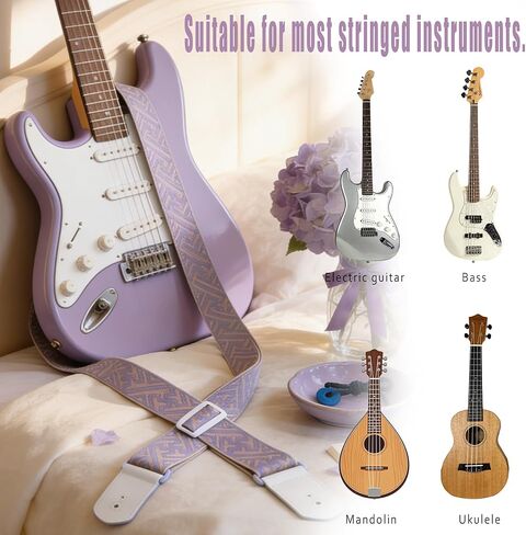 Guitar Strap, dopamine purple youth modern fashion Cotton Guitar Strap with leather at both ends for bass, electric and acoustic guitars, comes with two strap anti-slip pads in Saudi Arabia