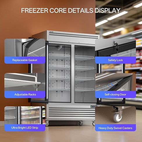 Coolski Commercial Display Frezzer 47.5 قدم مكعب، باب زجاجي مستقيم من الفولاذ المقاوم للصدأ مع تذويب تلقائي وشريط إضاءة LED مدمج لمتاجر السوبر ماركت والمقاهي، DOE ETL ETL SANTATION in Kuwait