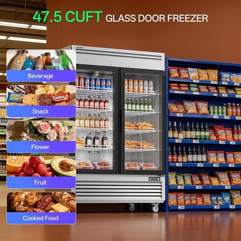 Coolski Commercial Display Frezzer 47.5 قدم مكعب، باب زجاجي مستقيم من الفولاذ المقاوم للصدأ مع تذويب تلقائي وشريط إضاءة LED مدمج لمتاجر السوبر ماركت والمقاهي، DOE ETL ETL SANTATION in Kuwait