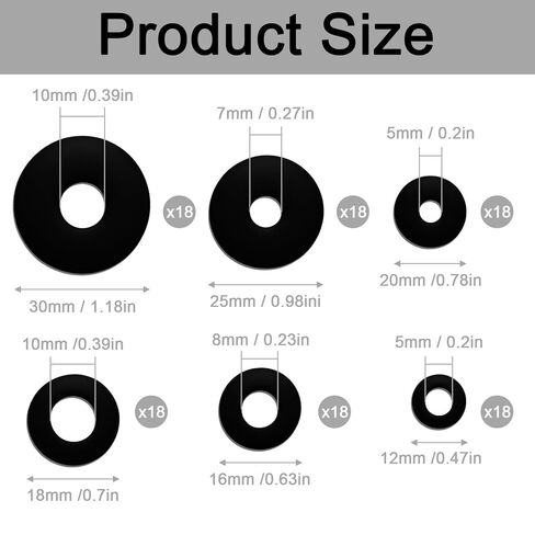 108 PCS Black Flat Rubber Washers Assortment Kit, 12/16/18/20/25/30 mm 6 Sizes Heavy Duty Abrasion Resistant Vibration Damping Pads Black Rubber Gasket for Shower Head Garden Faucet Plumbing Repair in Saudi Arabia