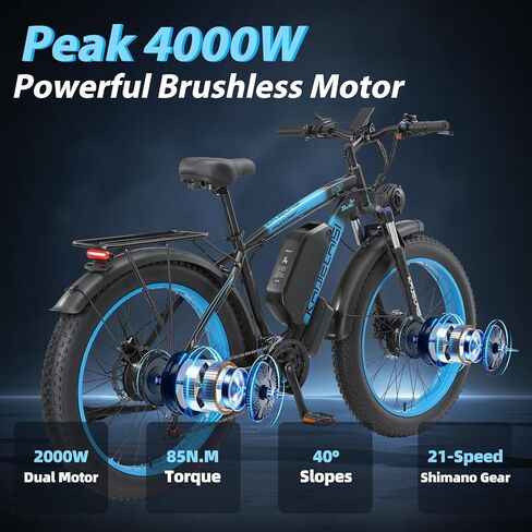 AWD Electric Bike for Adults, Peak 4000W Power 26" Fat Tire Ebike, Dual Motor Electric Bicycles, 48V 22.4AH Removable Battery Fast Dual Hydraulic Brakes 21-Speed Electric Mountain Bike in Saudi Arabia