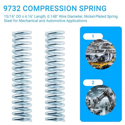 9732 Compression Spring (2-Pack), 15/16" OD x 4" Length, 0.148" Wire Diameter, Nickel-Plated Spring Steel for Mechanical and Automotive Applications in Kuwait